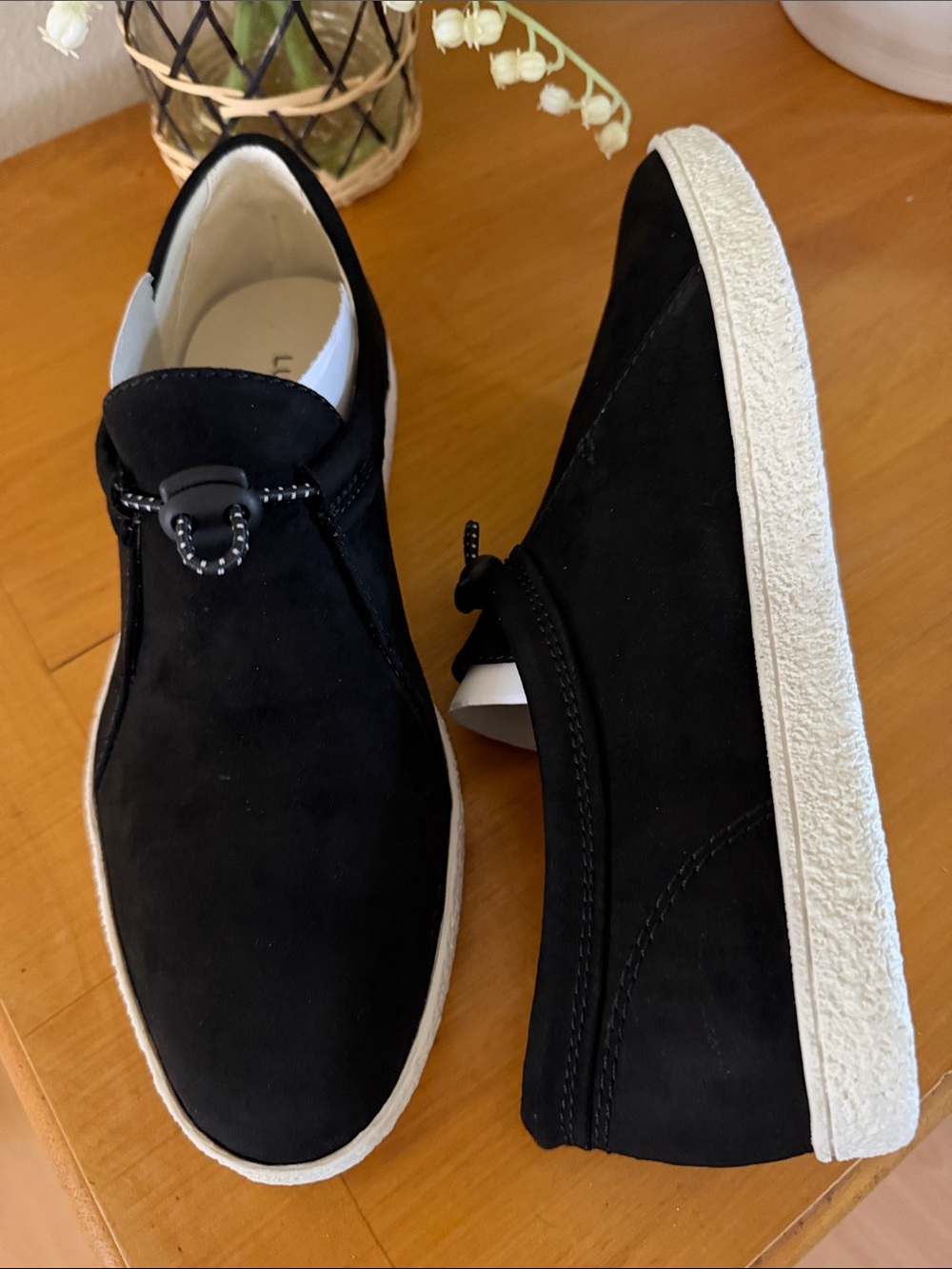 Lucky Brand Black Suede Slip-On Sneakers with White Sole